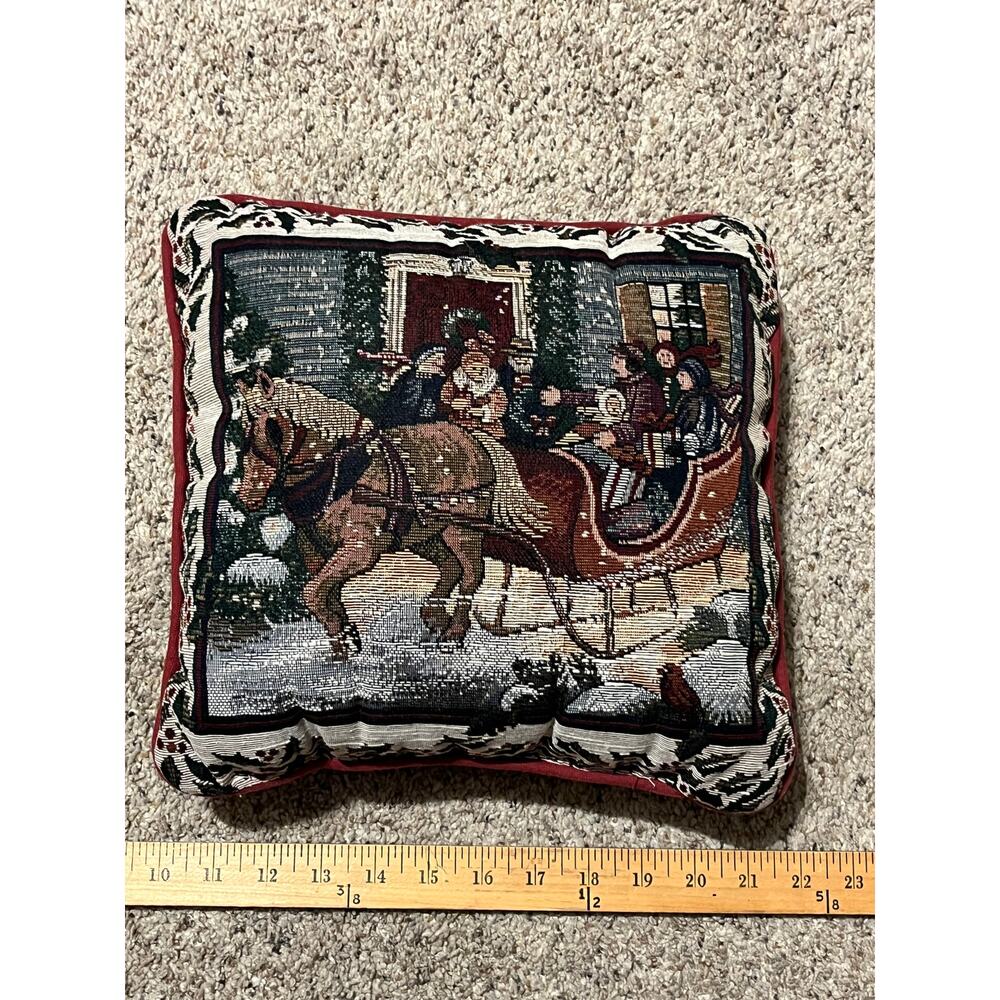 Christmas Tapestry Accent Pillow Sleigh  Vtg Horse People Kids Snow Holly 12" - Picture 3 of 4